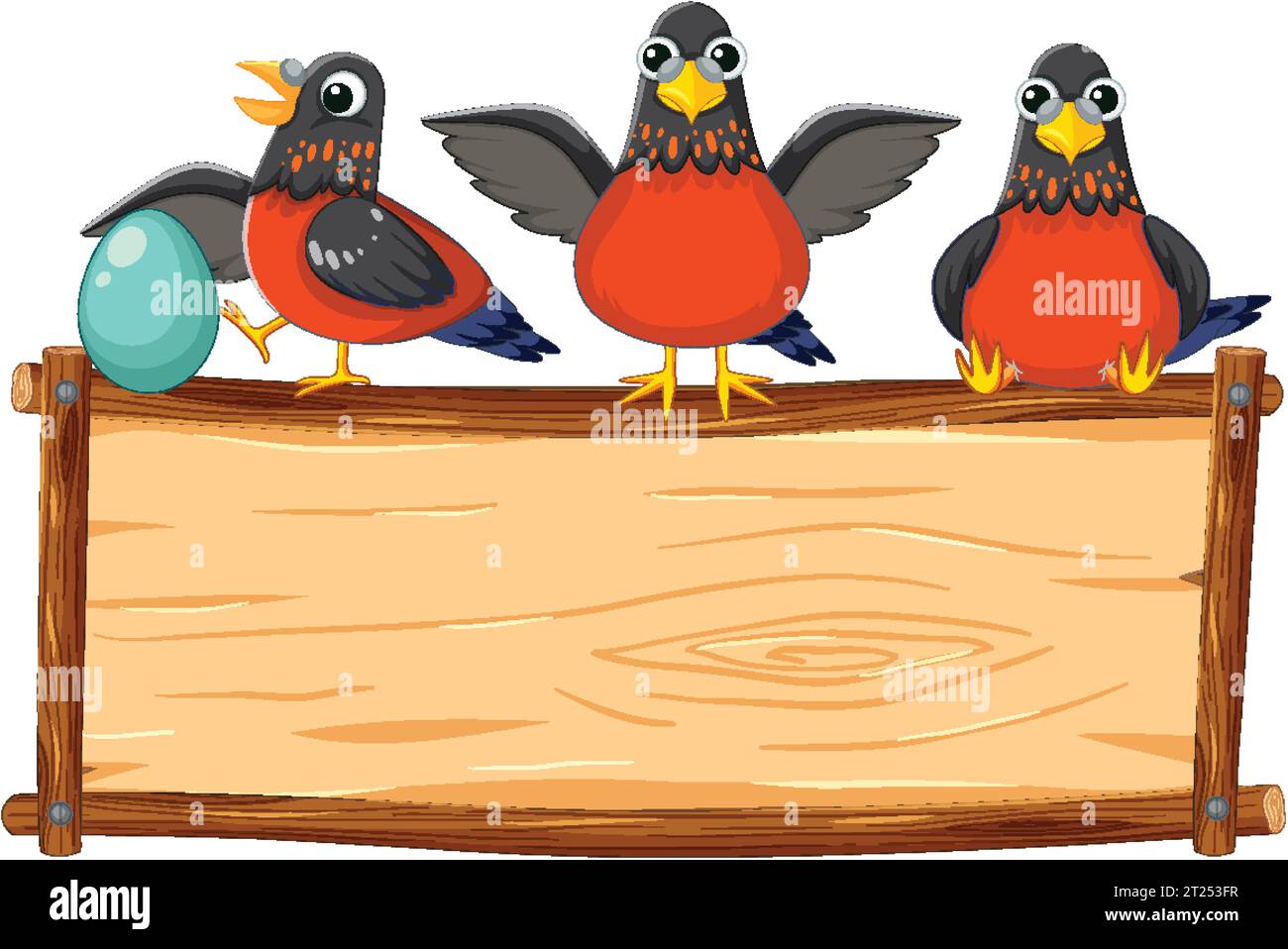Colorful cartoon birds gathered around a wooden board banner Stock Vector