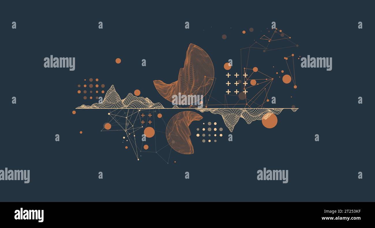 Trendy abstract wireframe mountain background. Modern science or technology art elements. Surface illustration. Vector. Stock Vector