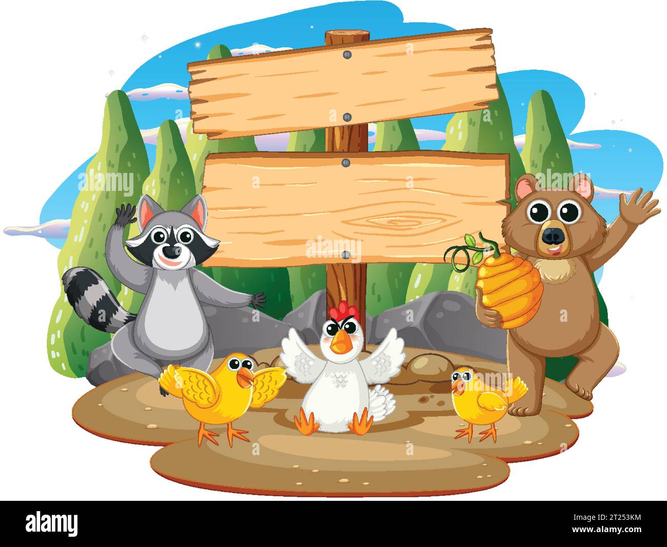 Vibrant vector illustration showcasing a variety of animals gathered around a wooden board Stock Vector