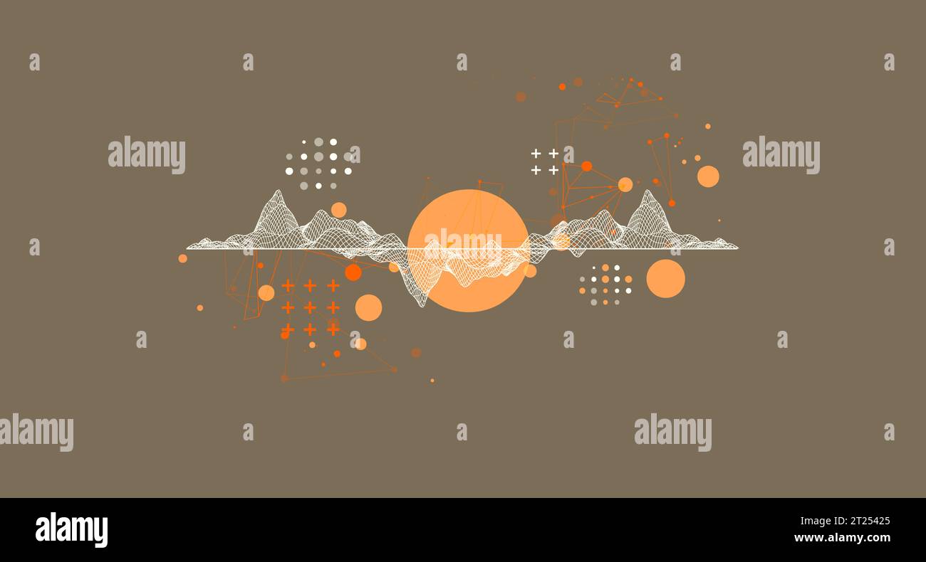 Trendy abstract wireframe mountain background. Modern science or technology art elements. Surface illustration. Vector. Stock Vector