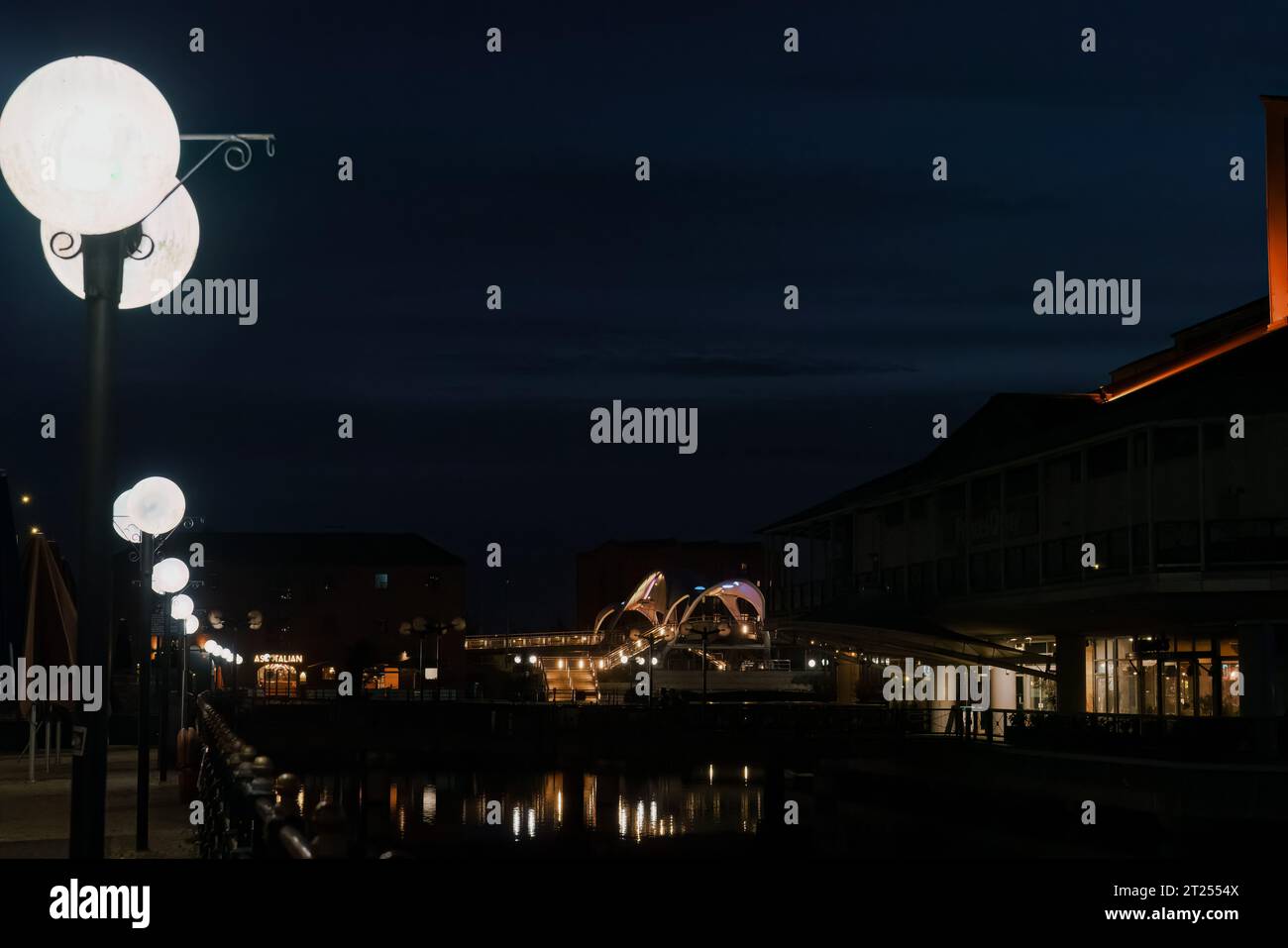 Light reflections in Princes Dock at night, Hull, East Yorkshire Stock