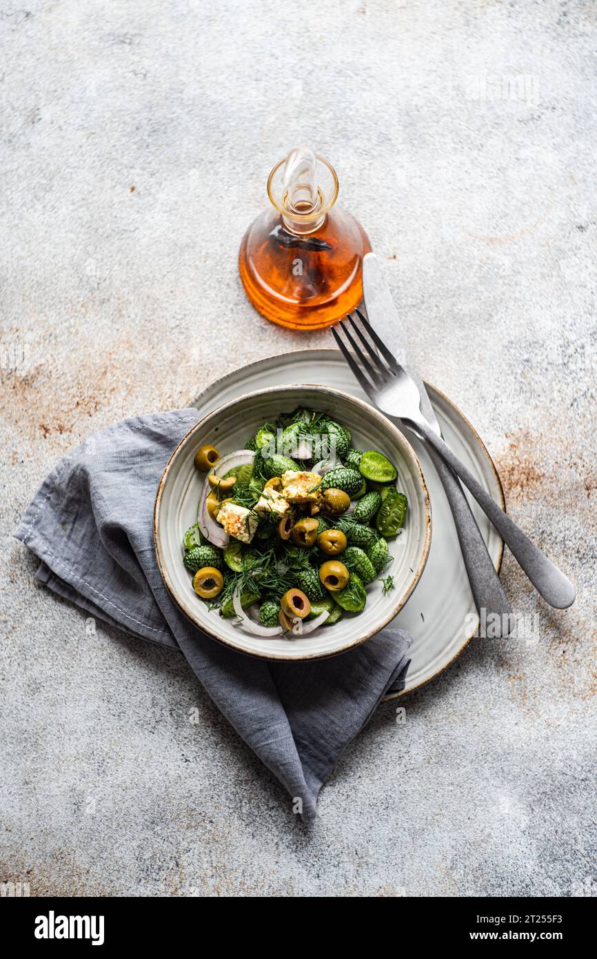 Overhead view of a bowl of salad with cucamelons, olives, red onion, feta cheese with chilli oil Stock Photo