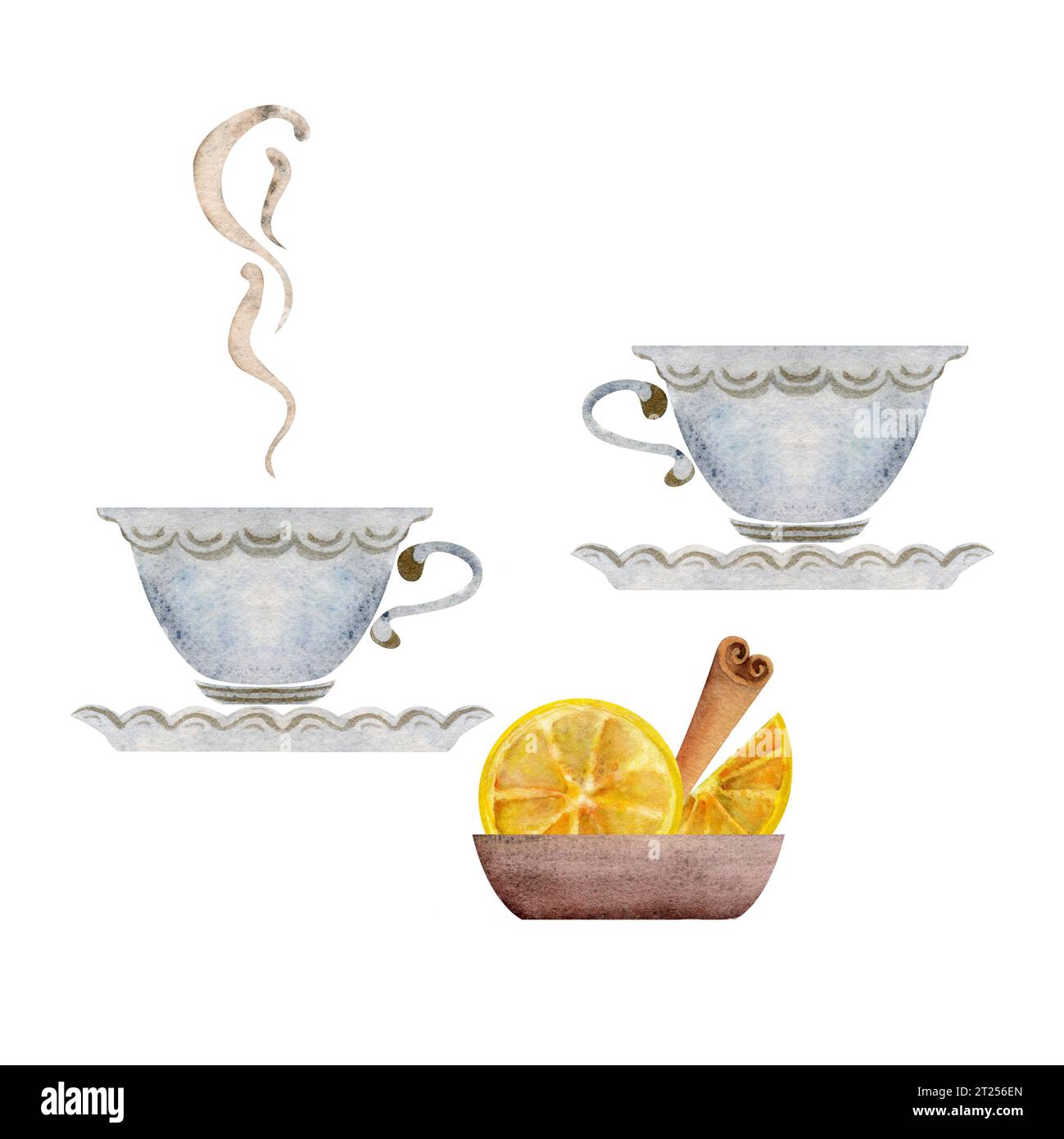 https://c8.alamy.com/comp/2T256EN/watercolor-hand-drawn-illustration-porcelain-white-and-gold-tea-cups-mugs-lemon-slices-cinnamon-isolated-on-white-background-for-invitations-2T256EN.jpg