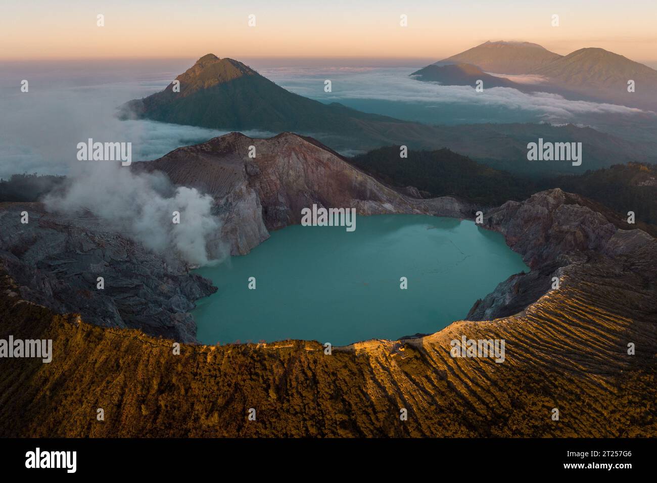Aerial view of steam rising from Ijen crater between Banyuwangi Regency and Bondowoso Regency, East Java, Indonesia Stock Photo