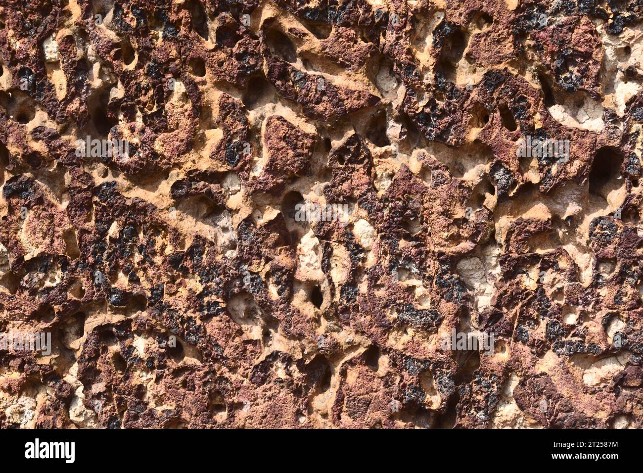 Many holes on the brown with orange and red color surface of the old laterite rock Stock Photo