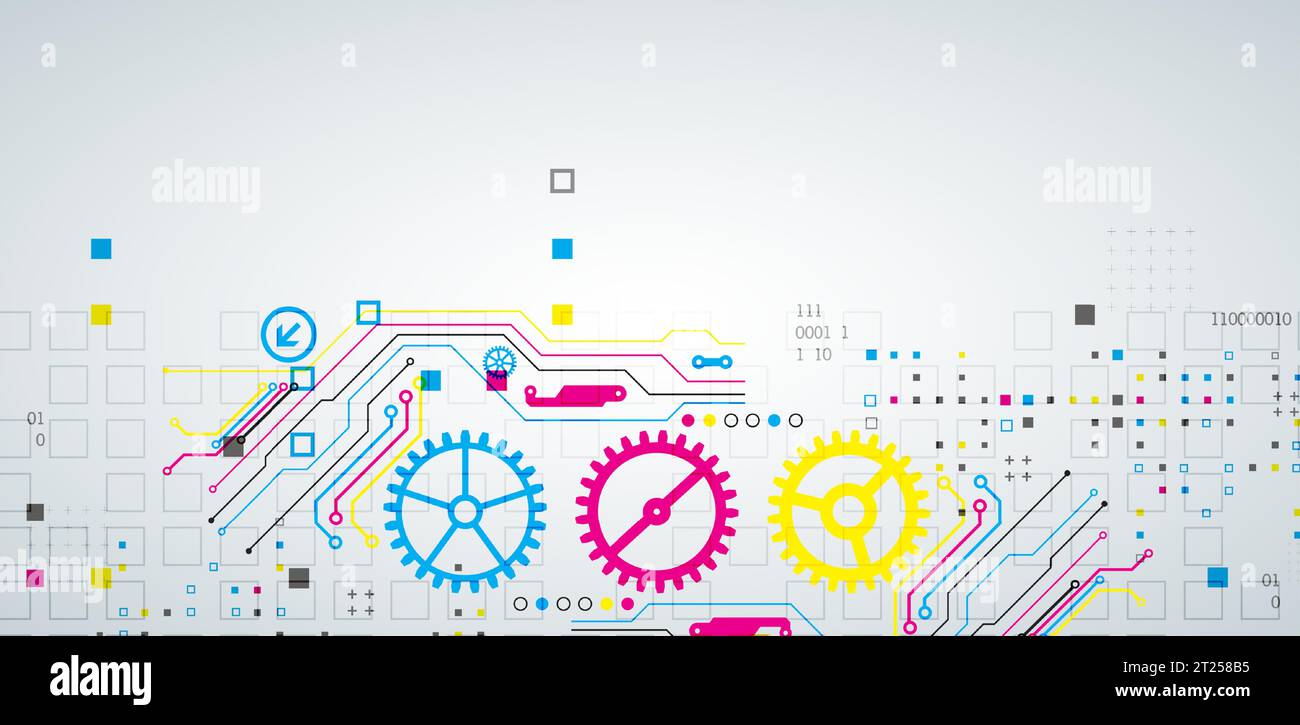 Abstract technological background with various elements. CMYK concept. Vector Stock Vector