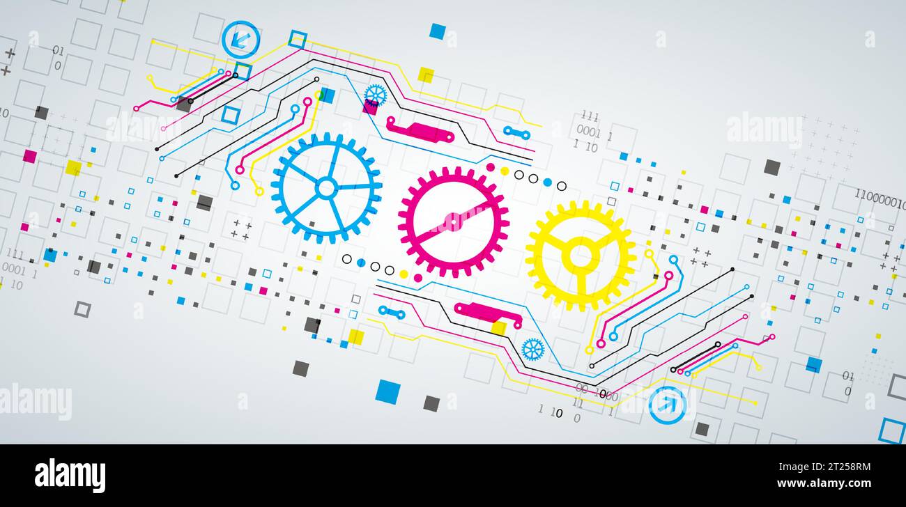 Abstract technological background with various elements. CMYK concept. Vector Stock Vector