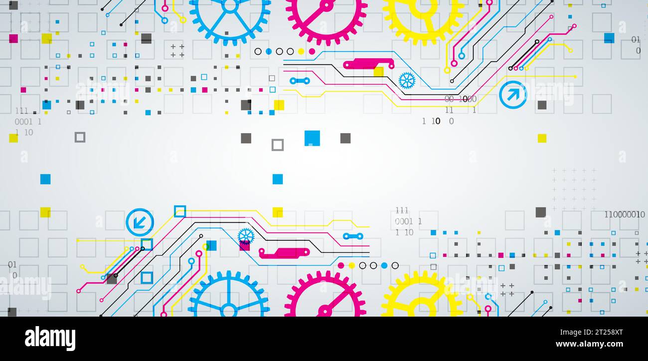 Abstract technological background with various elements. CMYK concept. Vector Stock Vector