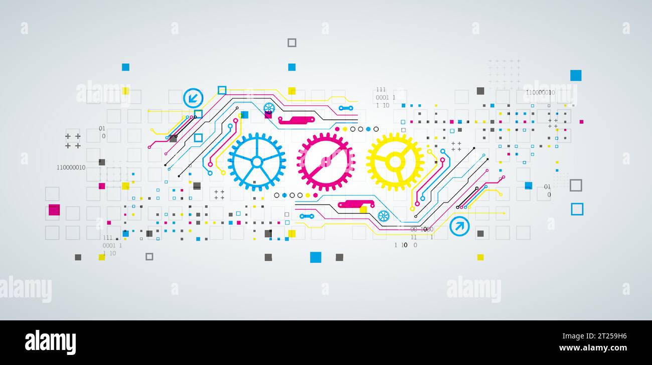 Abstract technological background with various elements. CMYK concept. Vector Stock Vector
