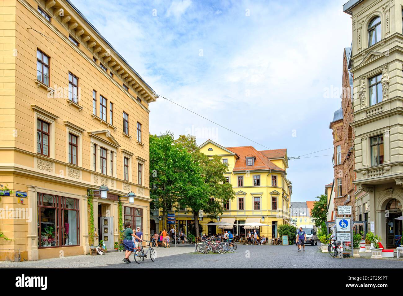 Everyday busy street scene in Frauentorstrasse in the historic inner town of Weimar, Thuringia, Germany, August 13, 2020, for editorial use only. Stock Photo