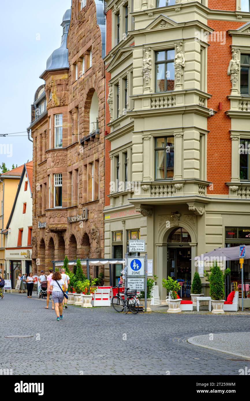 Everyday busy street scene in Frauentorstrasse in the historic inner town of Weimar, Thuringia, Germany, August 13, 2020, for editorial use only. Stock Photo