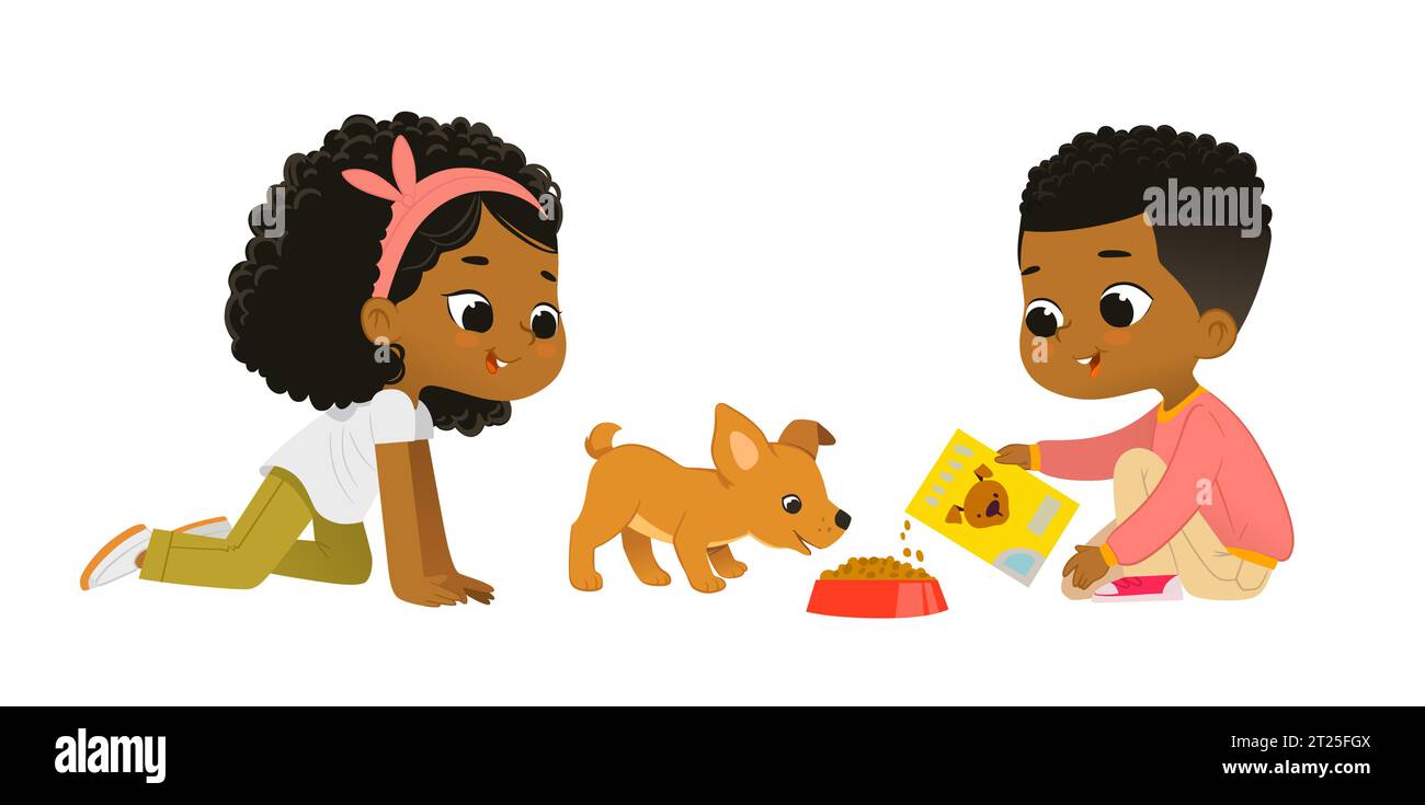 Cute school friends feeding pet puppy. African American boy and girl playing with dog. Children caring for animals. Stock Vector