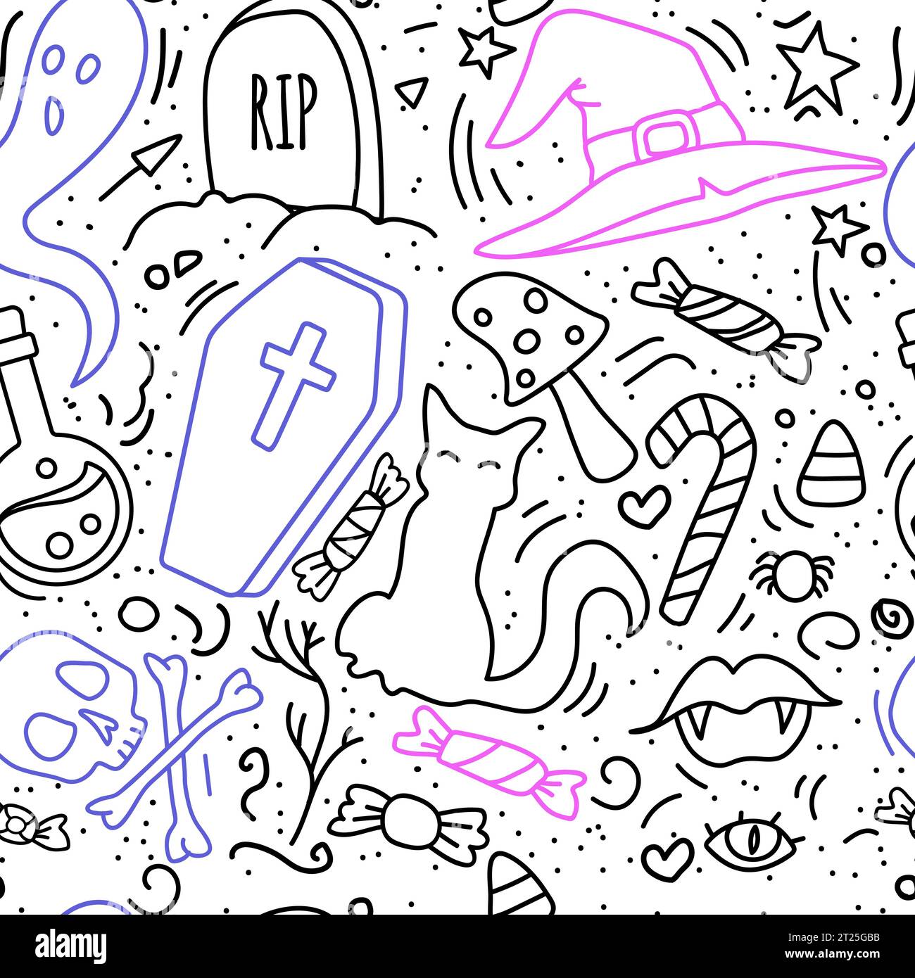 Doodle Halloween seamless pattern. cat, witch hat, ghost, vampire lips, grave, scull. Occult stuff for fall celebration. Stock Vector