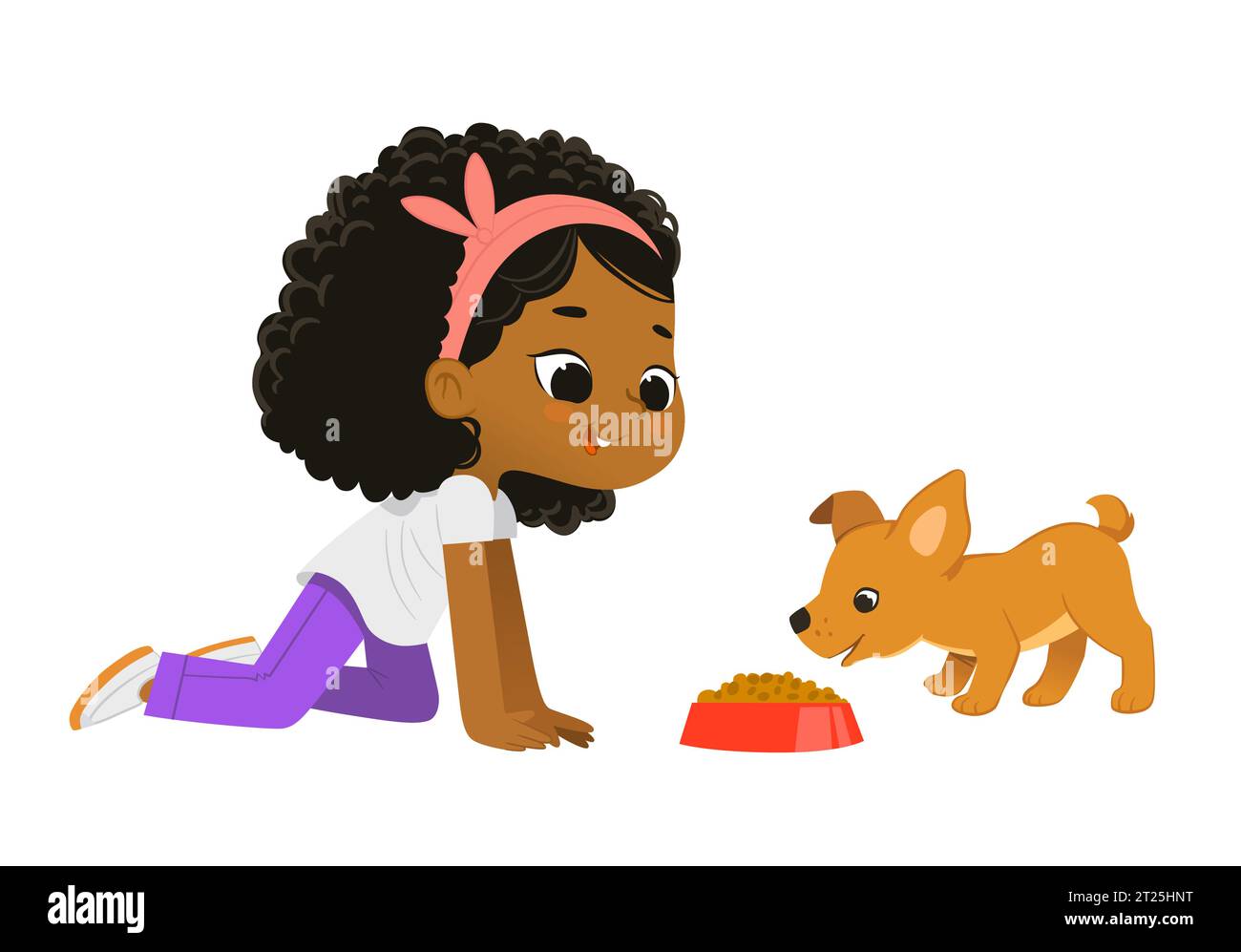 Cute school girl feeding pet puppy. African American girl playing with dog. Caring for animals. Stock Vector