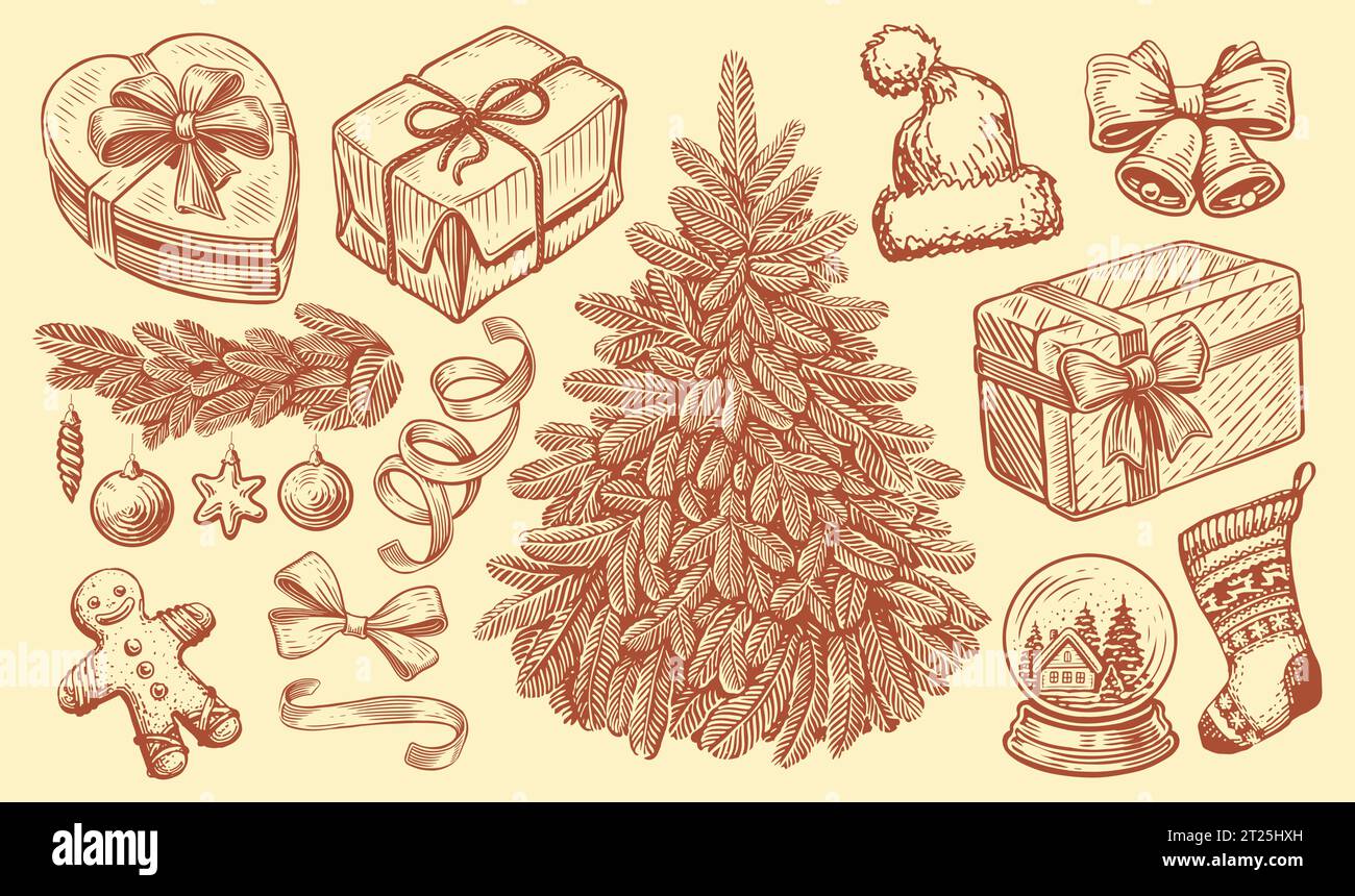 Christmas concept. Hand drawn retro objects for holiday decoration. Vintage sketch vector illustration Stock Vector