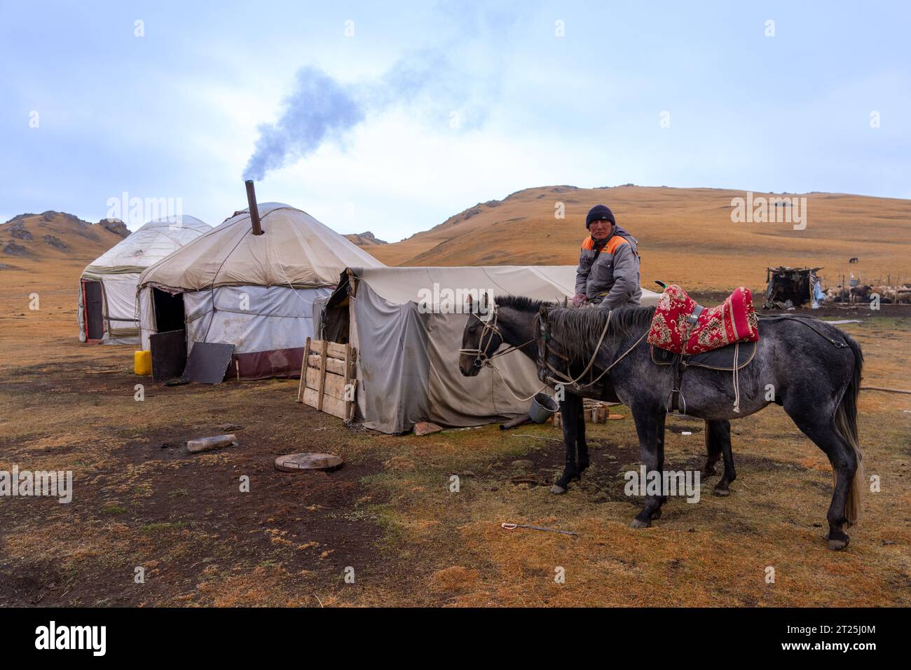 Yurts camp Kyrgyz steppe, Kyrgyzstan Stock Photo
