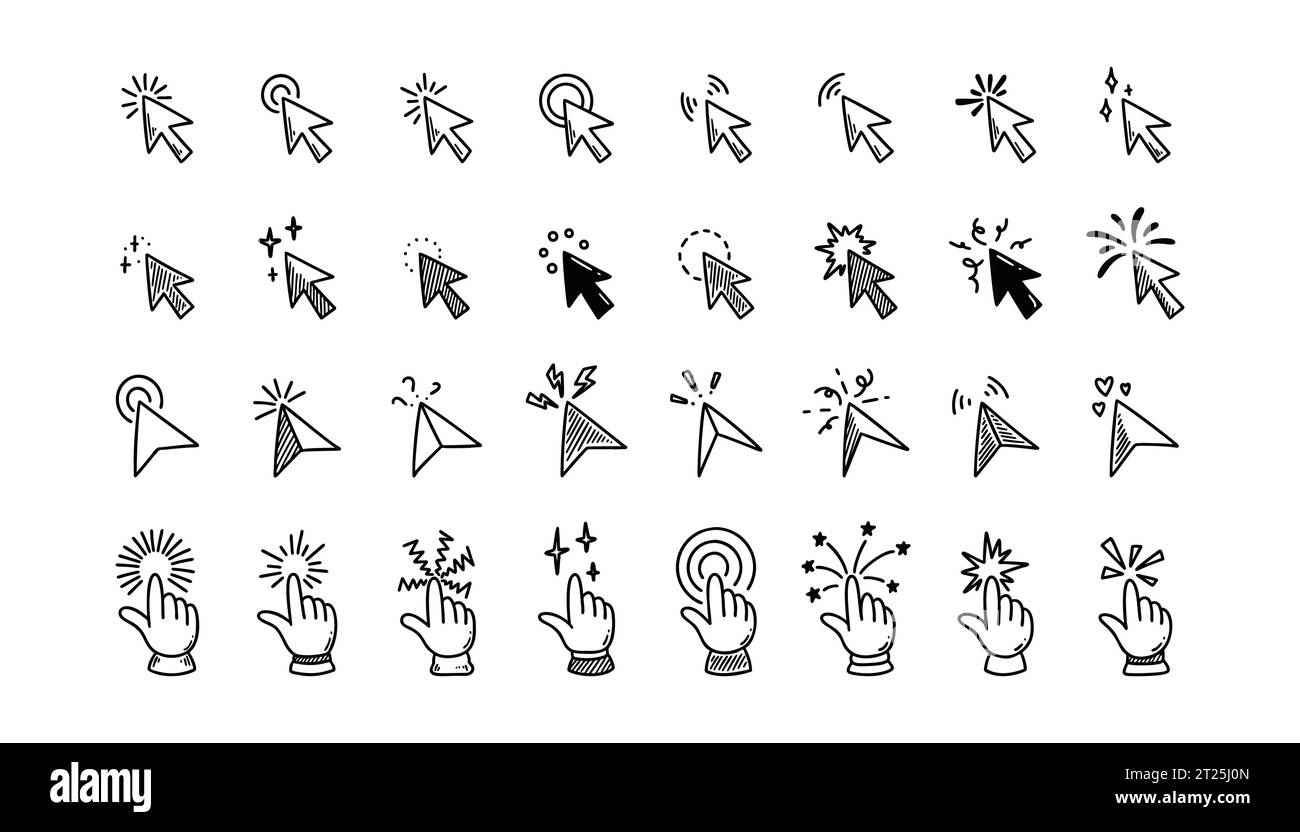 Doodle click icon set. Hand drawn mouse cursor. Press here tap button. Arrow and finger pointer. Sketch vector illustration Stock Vector