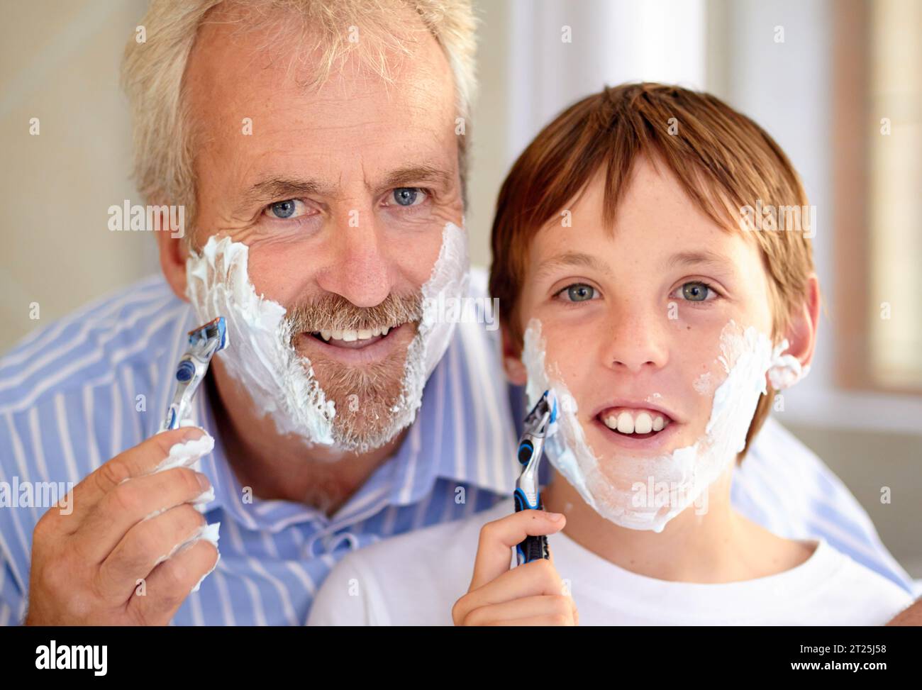 Father, son and portrait with cream and razor for grooming, development ...