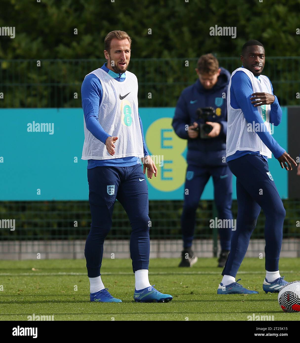 Harry Kane captain of England & Bayern Munich & Fikayo Tomori of England & AC Milan. - England Training & Press Conference, England v Italy, UEFA European Qualifiers, Tottenham Hotspur Training Ground, London, UK - 16th October 2023. Editorial Use Only - DataCo restrictions apply Stock Photo