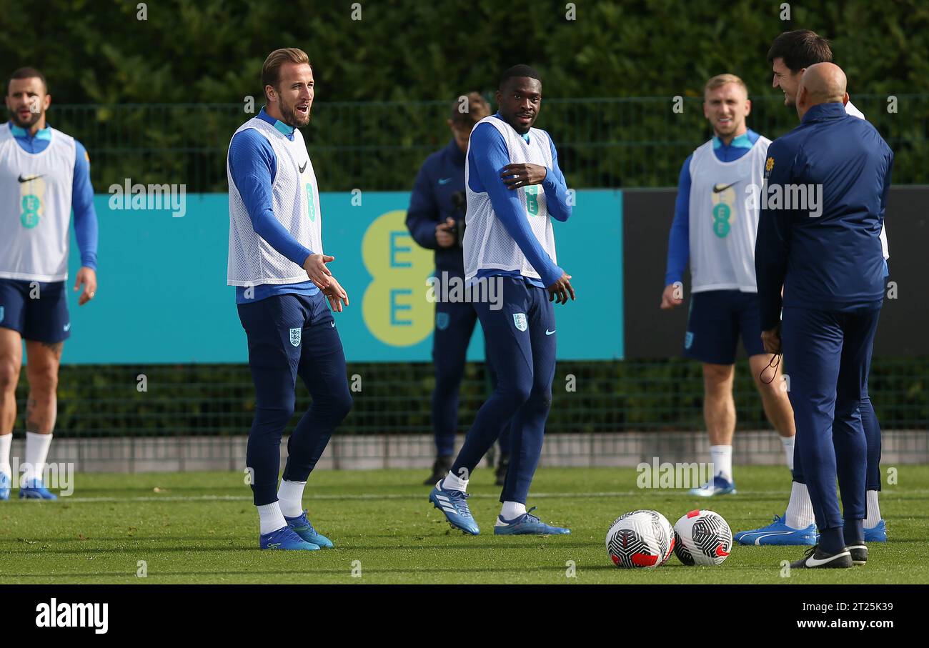 Harry Kane captain of England & Bayern Munich & Fikayo Tomori of England & AC Milan. - England Training & Press Conference, England v Italy, UEFA European Qualifiers, Tottenham Hotspur Training Ground, London, UK - 16th October 2023. Editorial Use Only - DataCo restrictions apply Stock Photo