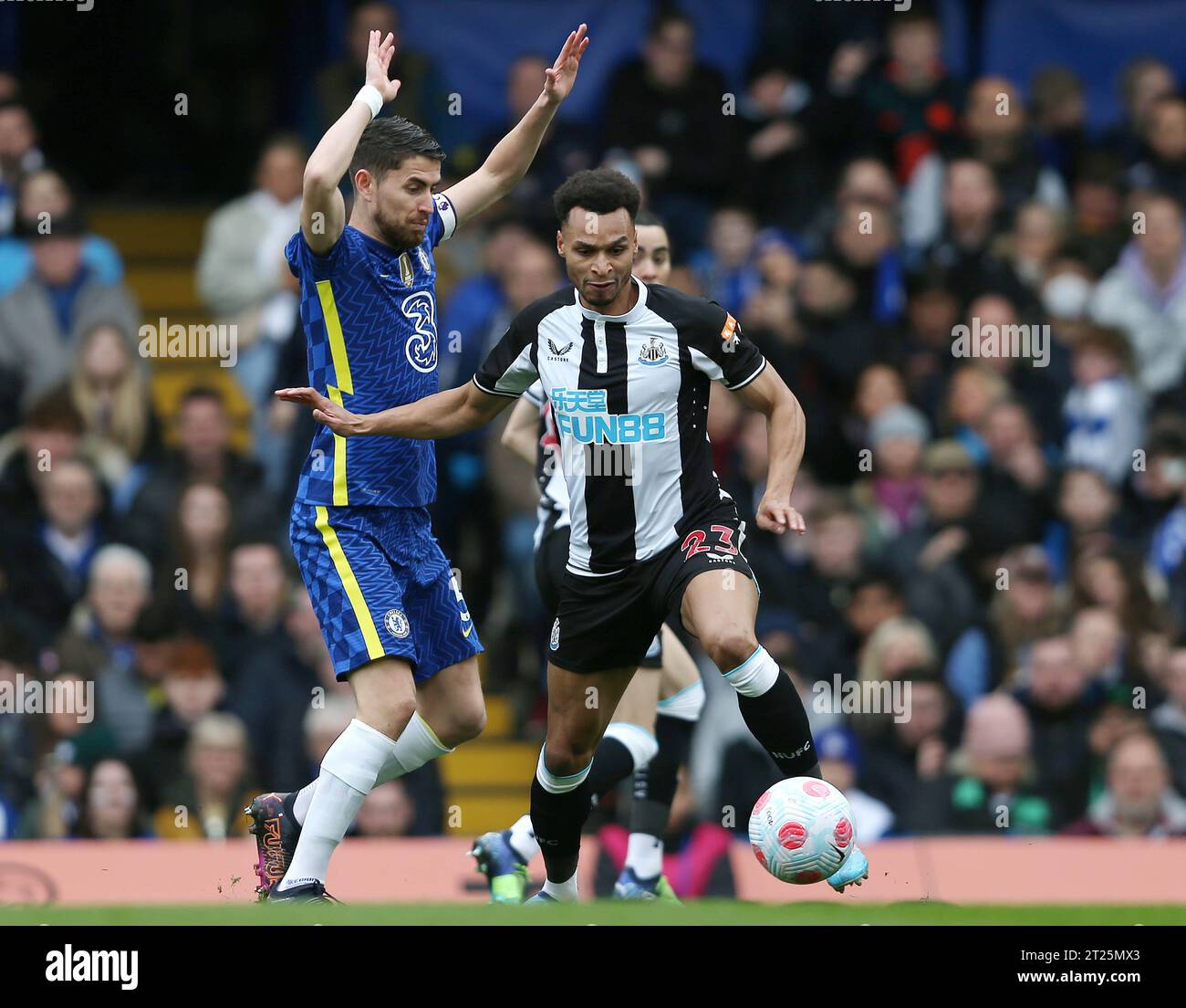 Jacob Murphy of Newcastle United battles for the ball with Jorginho of ...