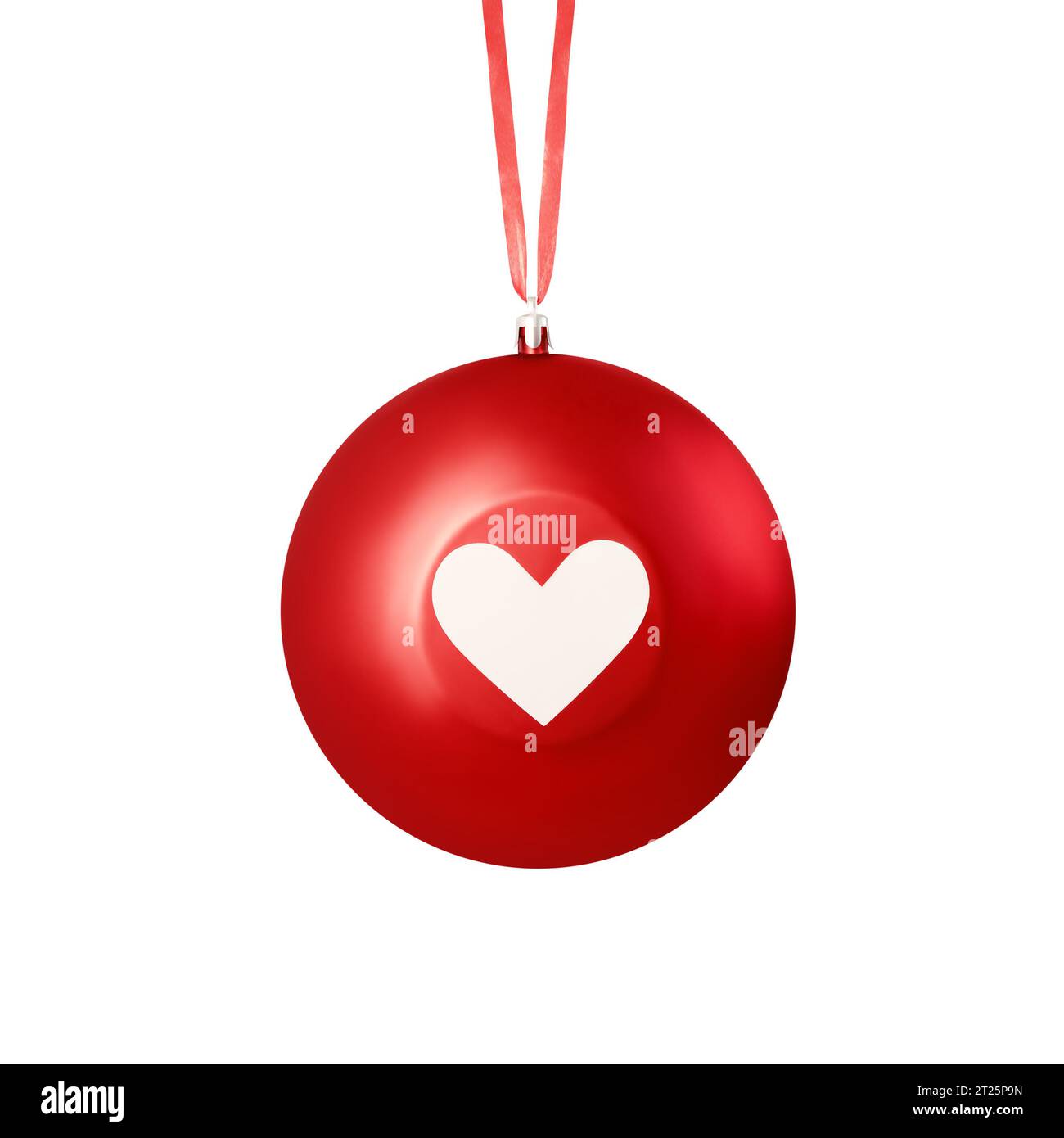 Hanging red Christmas ornament with heart isolated on a white