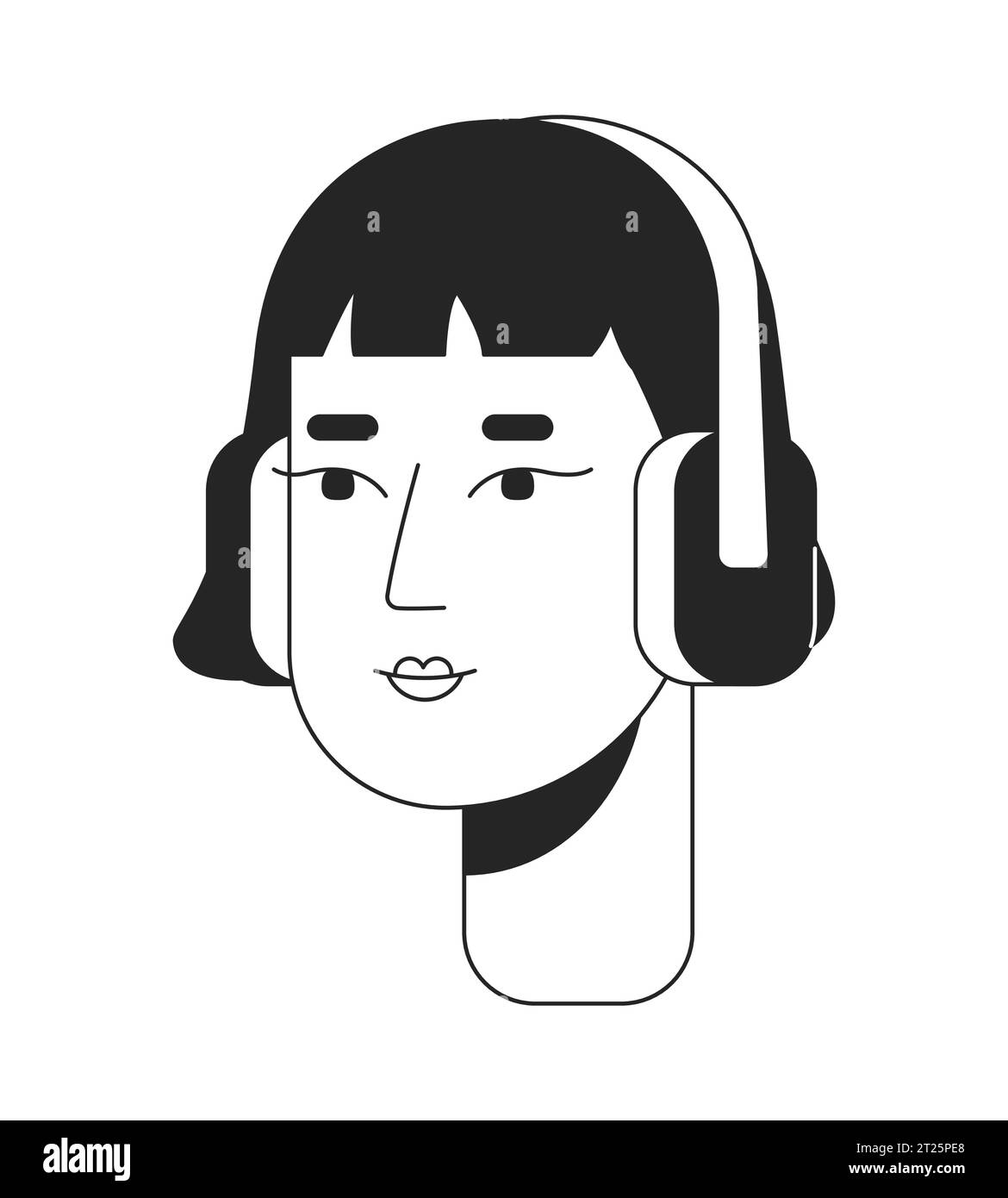 Headphones korean young adult woman black and white 2D line cartoon