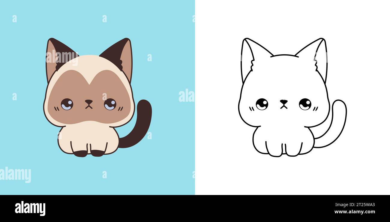 Kawaii Siamese Kitten Clipart Multicolored and Black and White. Cute ...