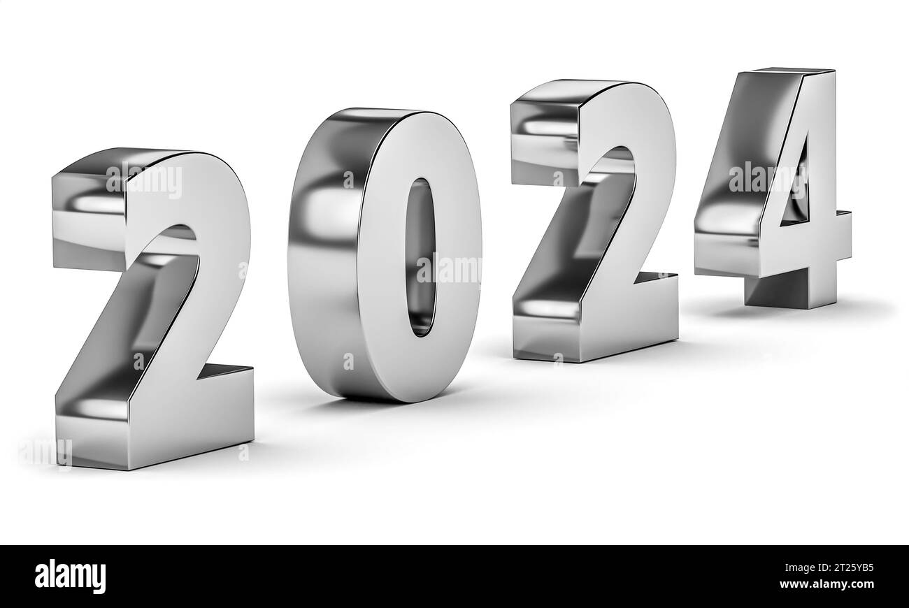 New year holidey concept in grey colors. Number 2024 isolated on white. 3d rendering Stock Photo