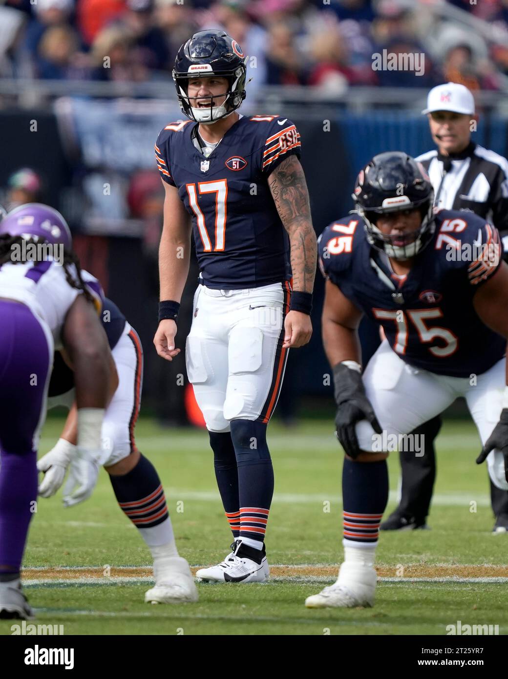 Chicago Bears quarterback Tyson Bagent looks over the Minnesota Vikings ...