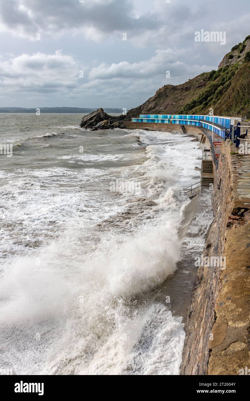 Torquay, UK. 17th Oct, 2023. Storm waves crash at Meadfoot Beach in