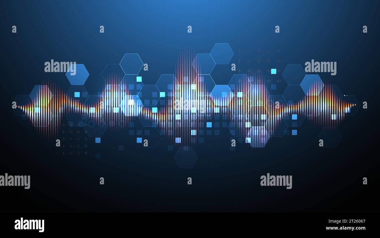 Sound wave with glowing hexagones. Dynamic vibration wallpaper