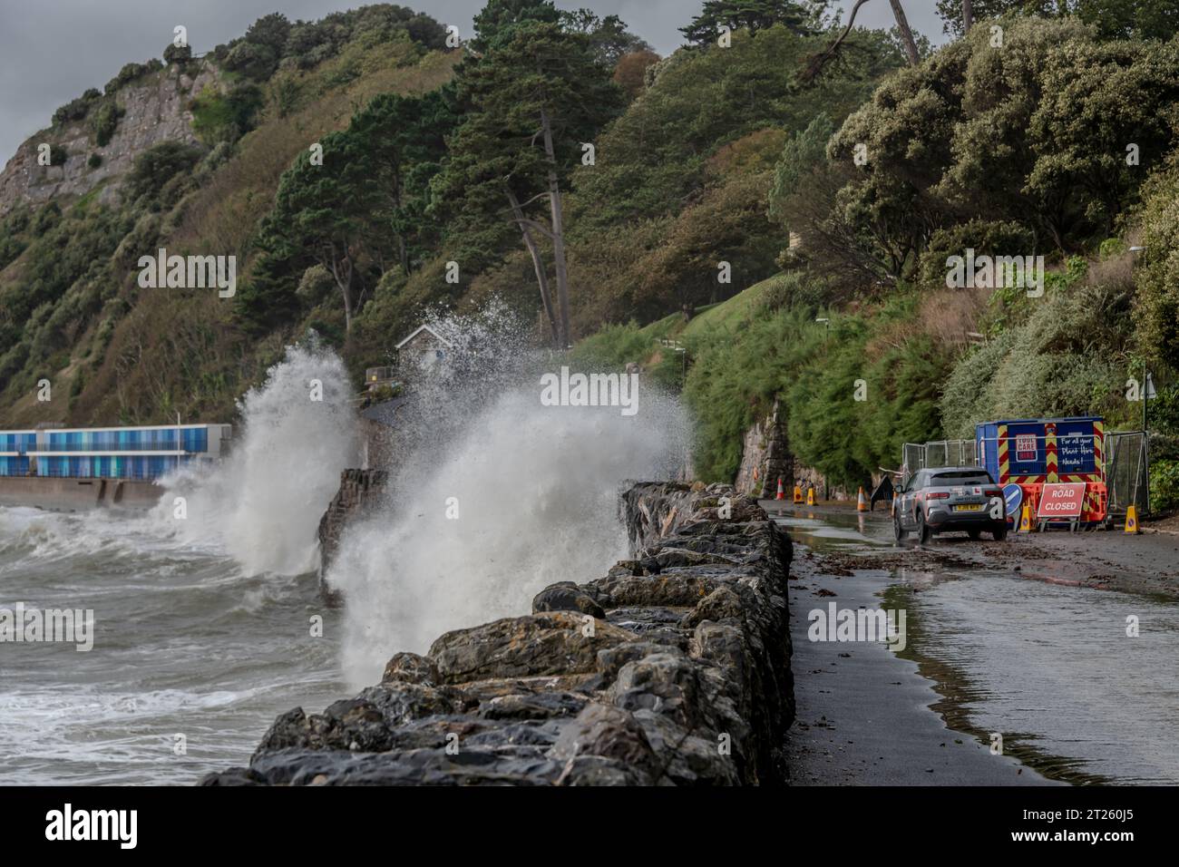 Torquay, UK. 17th Oct, 2023. Storm waves crash at Meadfoot Beach in