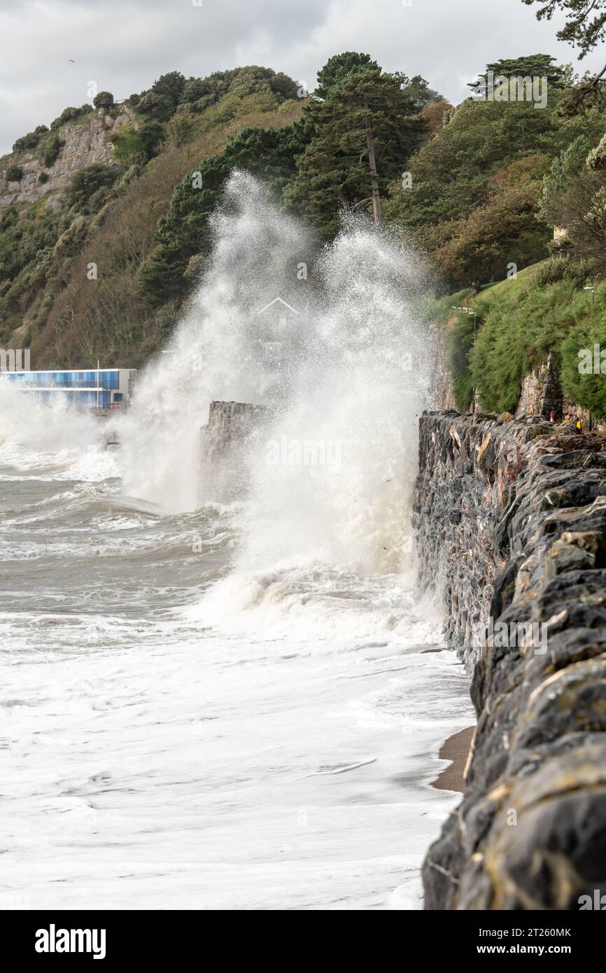 Torquay, UK. 17th Oct, 2023. Storm waves crash at Meadfoot Beach in