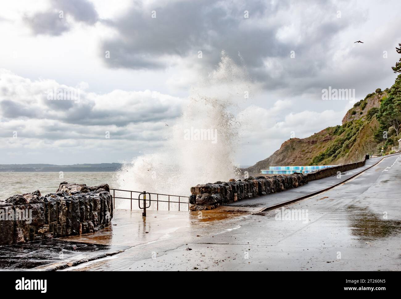 Torquay, UK. 17th Oct, 2023. Storm waves crash at Meadfoot Beach in