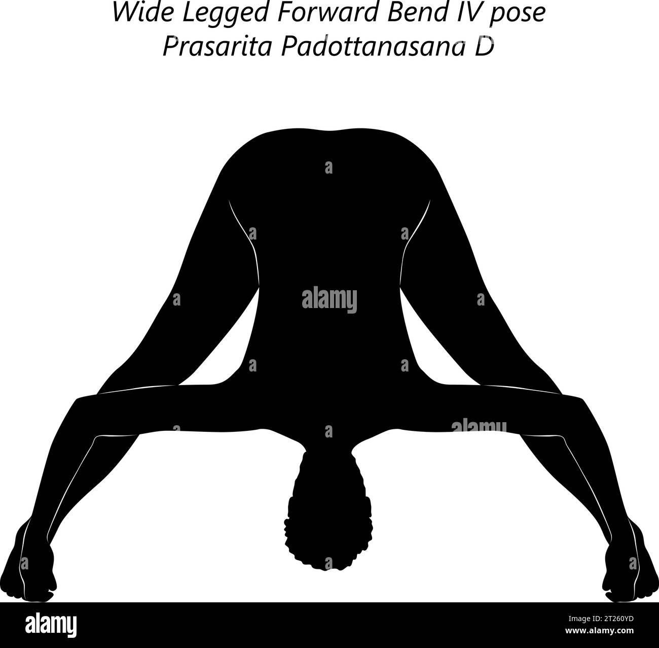Silhouette of woman doing yoga Prasarita Padottanasana D. Wide Legged Forward Bend 4 pose. Intermediate Difficulty. Isolated vector illustration. Stock Vector