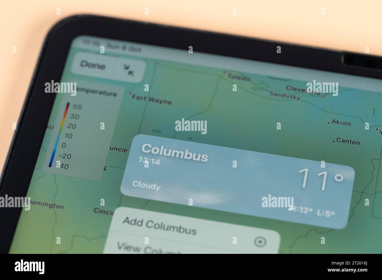 New York, USA October 8, 2023 Checking temperature outside in Columbus city on online app