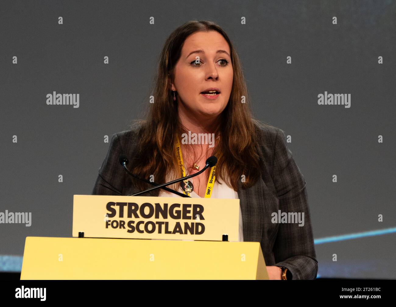 Aberdeen, Scotland, UK. 17th October 2023.  Day three of the SNP annual conference. Emma Roddick MSP Minister for Equalities, Migration and Refugees speaking during resolution 24 regarding the A9 and A96 Dualling. The resolution was passed.  Iain Masterton/Alamy Live News Stock Photo