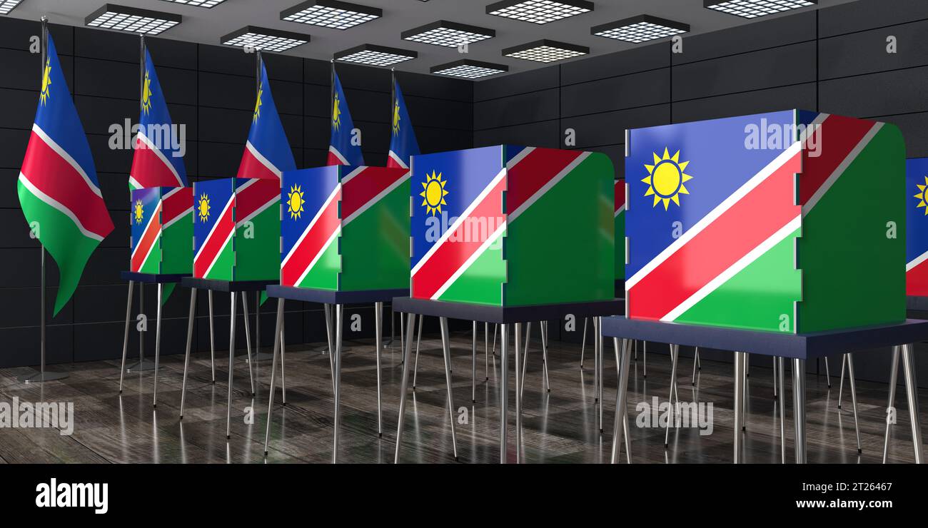 Namibia voting booths and national flags in polling station