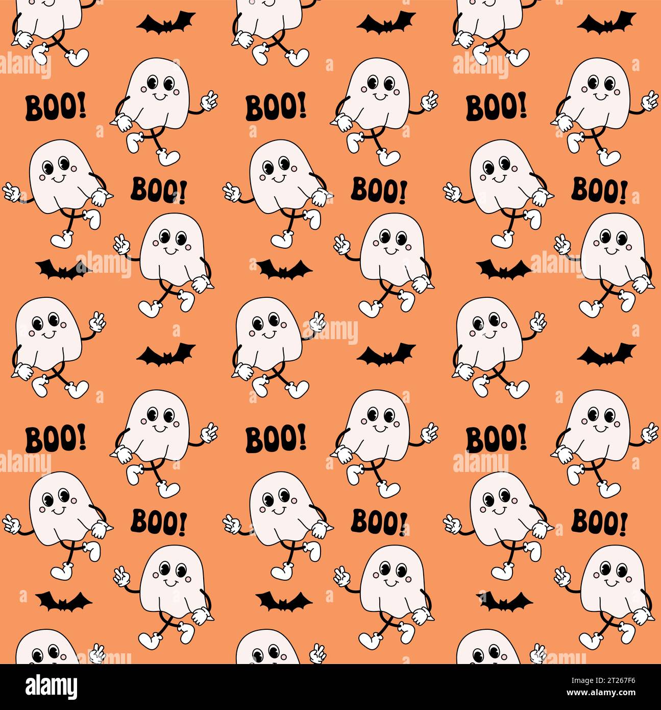 Vector seamless pattern of retro groovy cartoon ghost and Halloween boo ...