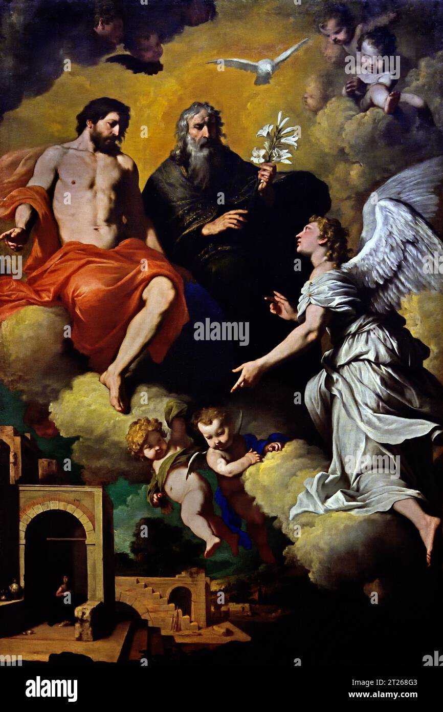 San Gabriele Arcangelo inviato dalla Trinità alla Vergine - Saint Gabriel the Archangel sent by the Trinity to the Virgin by Pietro Novelli 1603-1647  Museum, Italy, Stock Photo
