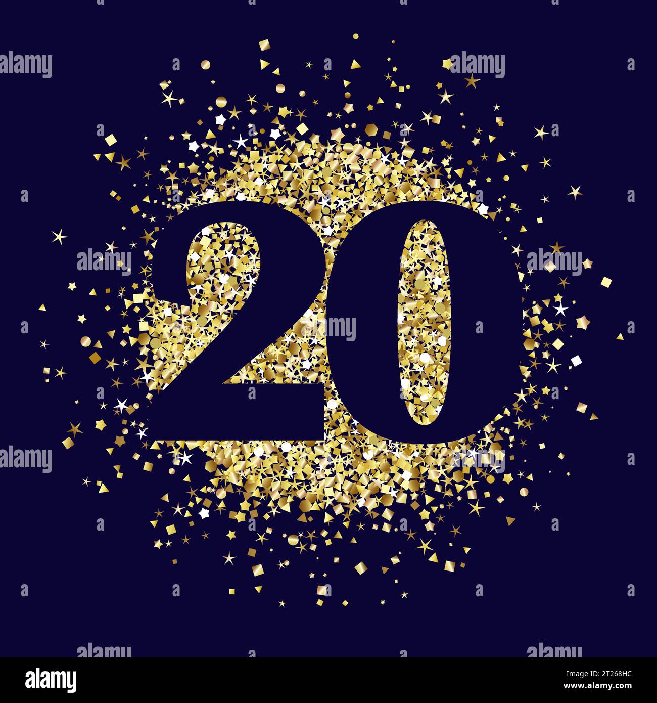 Creative number 20 with glittering golden background. Happy 20th anniversary icon concept. Up to 20 percent off discount, sale coupon. Shopping or gif Stock Vector