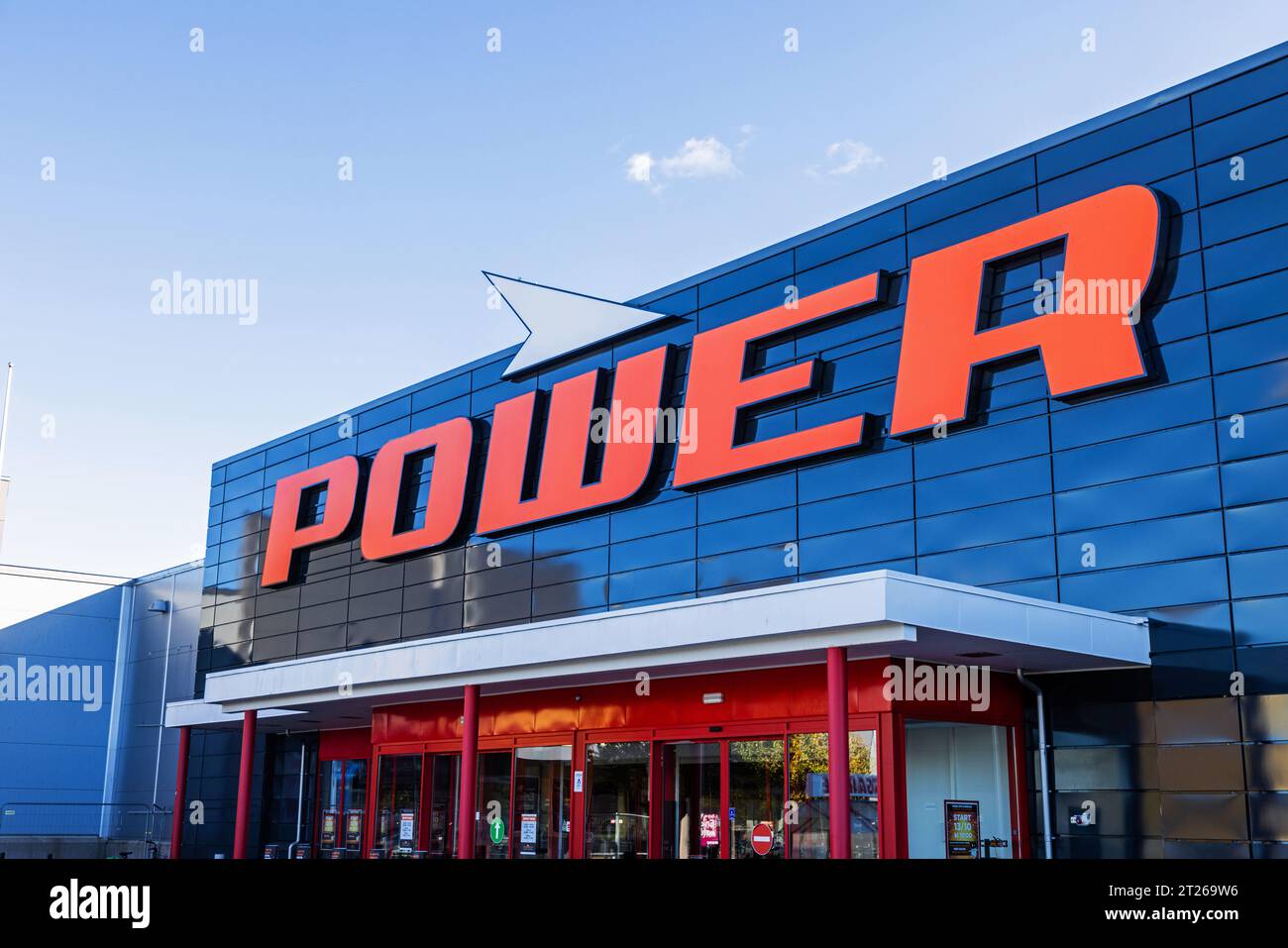Signs and symbols, Power department store. Power is a retail chain for home electronics owned by Norwegian Expert ASA. The company has 29 department stores located in Sweden. These were taken over by Power when Media Markt chose to leave Sweden. Stock Photo