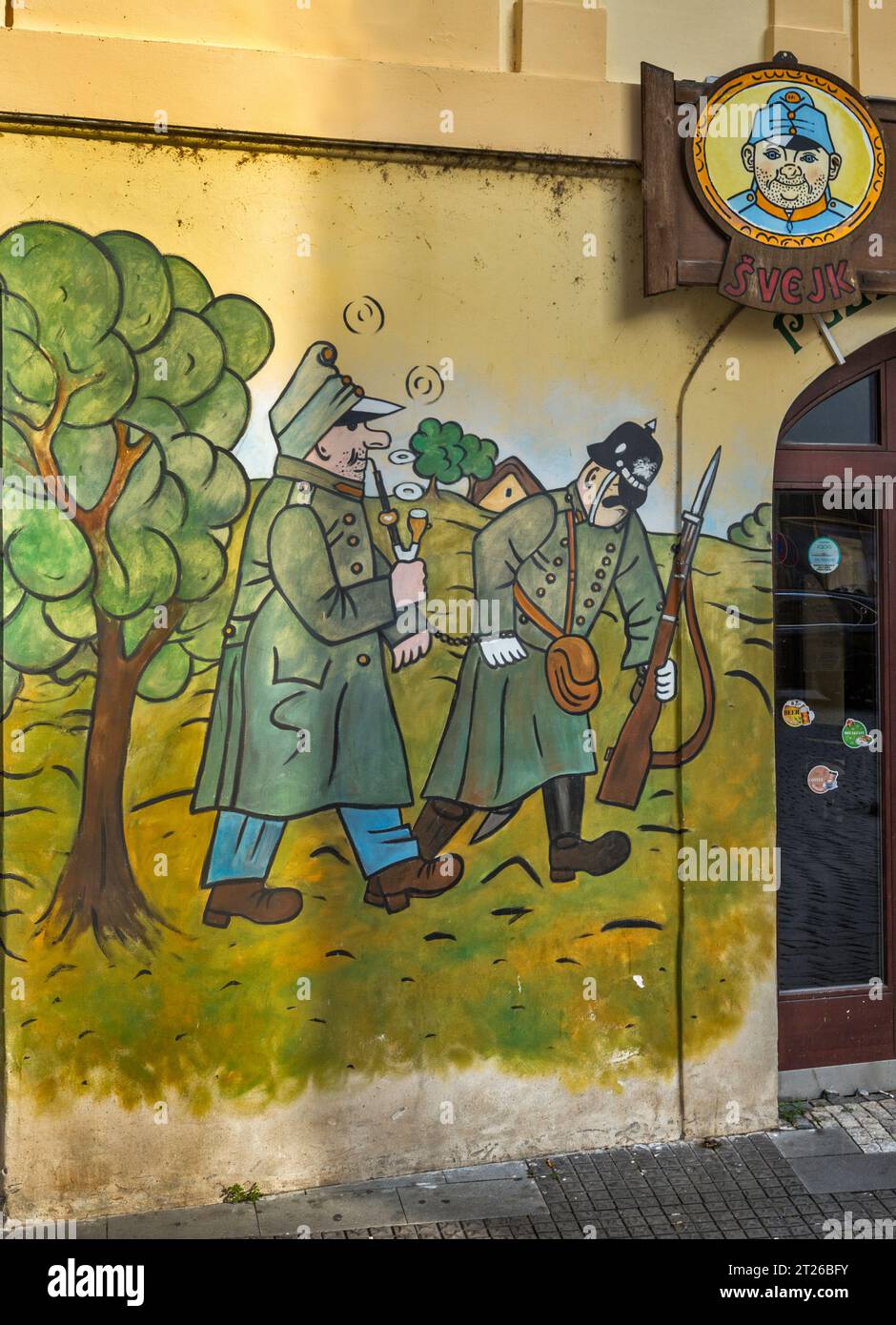 Good Soldier Švejk, wall painting at entrance to restaurant, Staré ...
