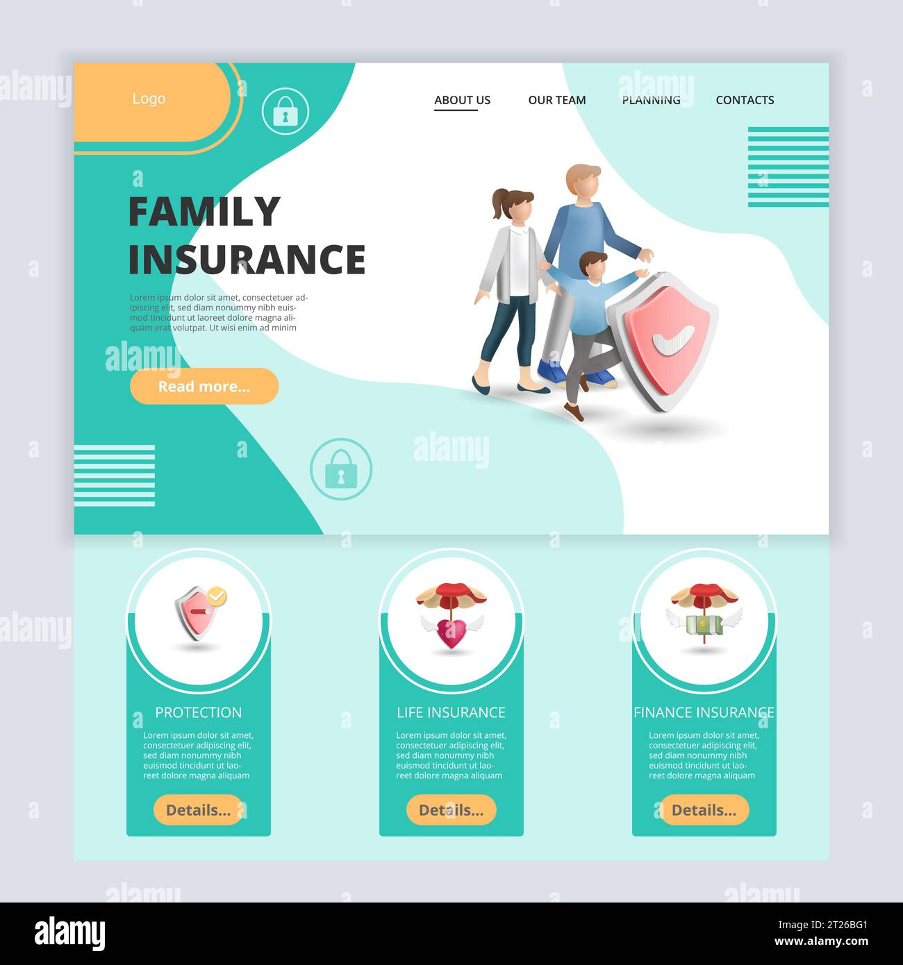 Family insurance flat landing page website template. Protection, life