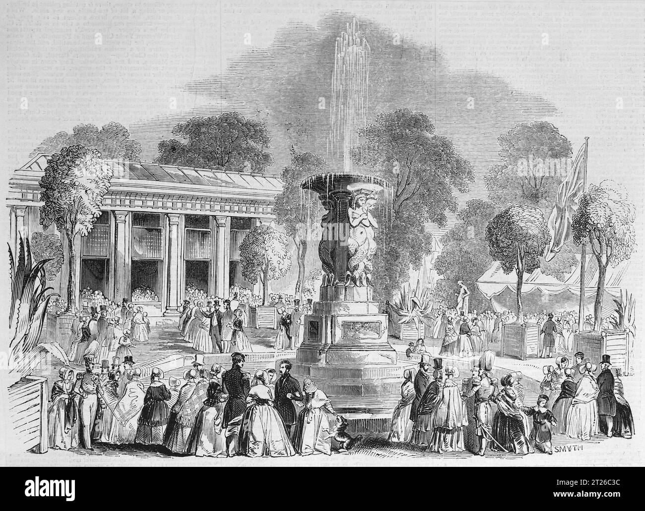 The Grande Fete at Mount Edgecumbe. The Bazaar and Italian Gardens. Black and White Illustration from from the 'Old England' published by James Sangster in 1860. Stock Photo