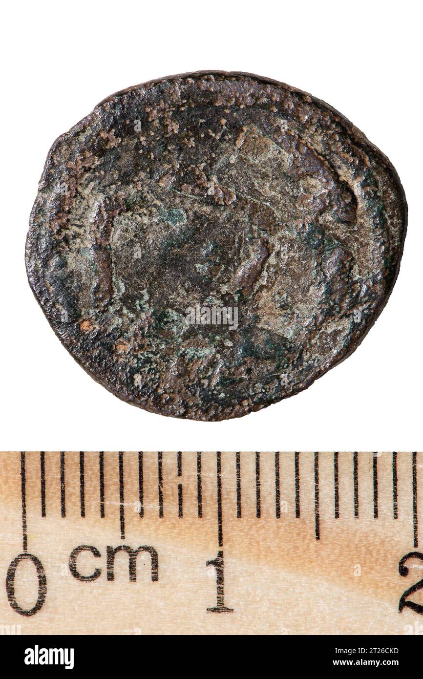 Copper coin Mongolian Khan Tokhtamysh times. Golden Horde. Reverse. Isolated on white. Stock Photo