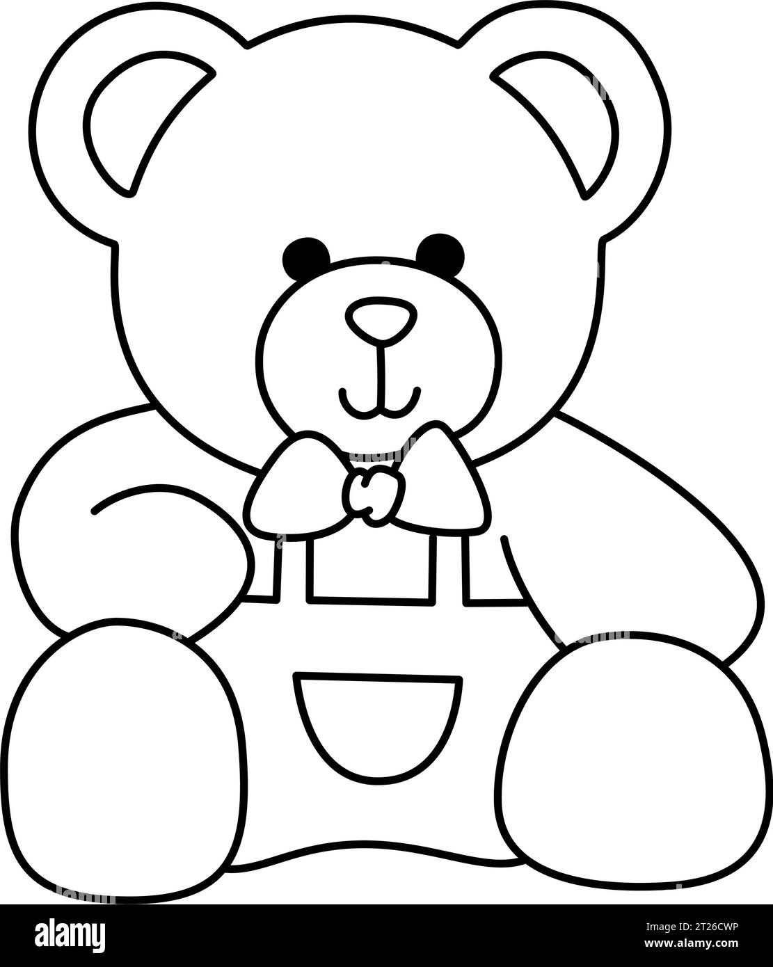 Teddy Bear - A Cute Toy Gift Doll Wearing Cloth with Kawaii Ribbon Bow and Smiley Face Drawing Clipart for Kids' Project in Black and White Theme Stock Vector
