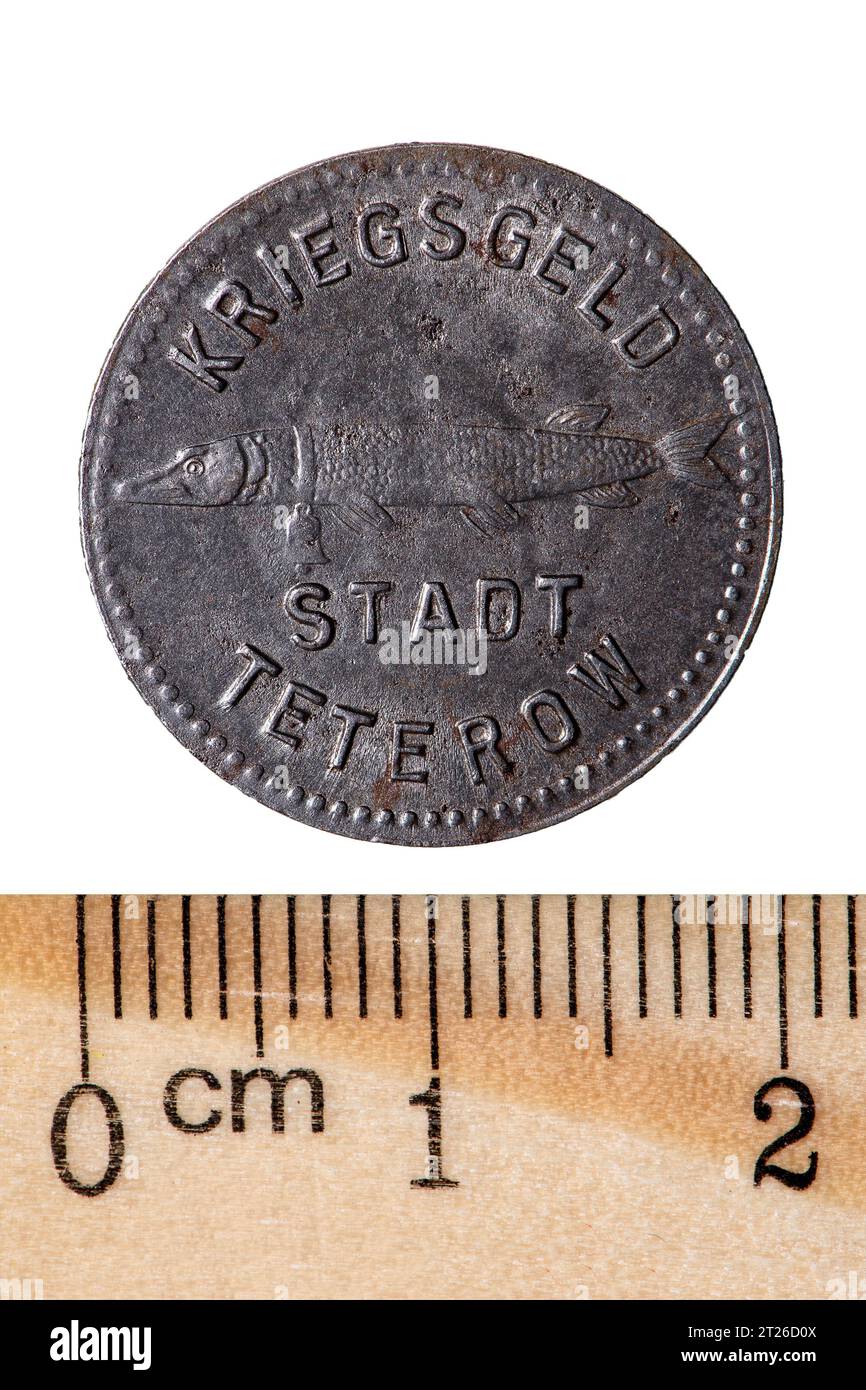 German antique metal coin of ten pfennings. Reverse. Isolated on white ...