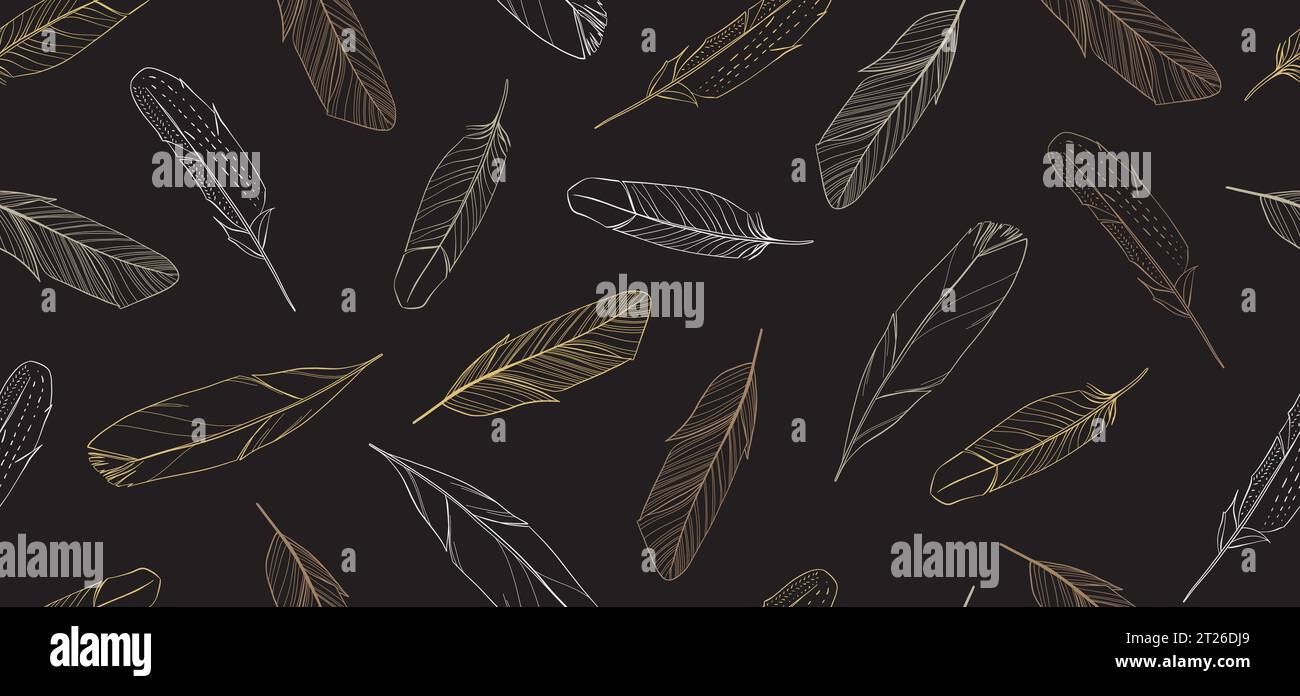 Dark vintage seamless pattern with hand drawn feathers. Vector ...